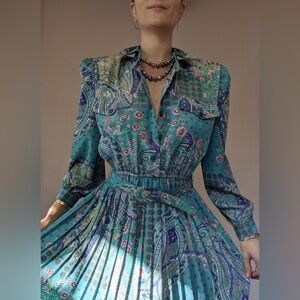 Vintage Leslie Fay Blue Floral Geo Paisley Print Midi Dress